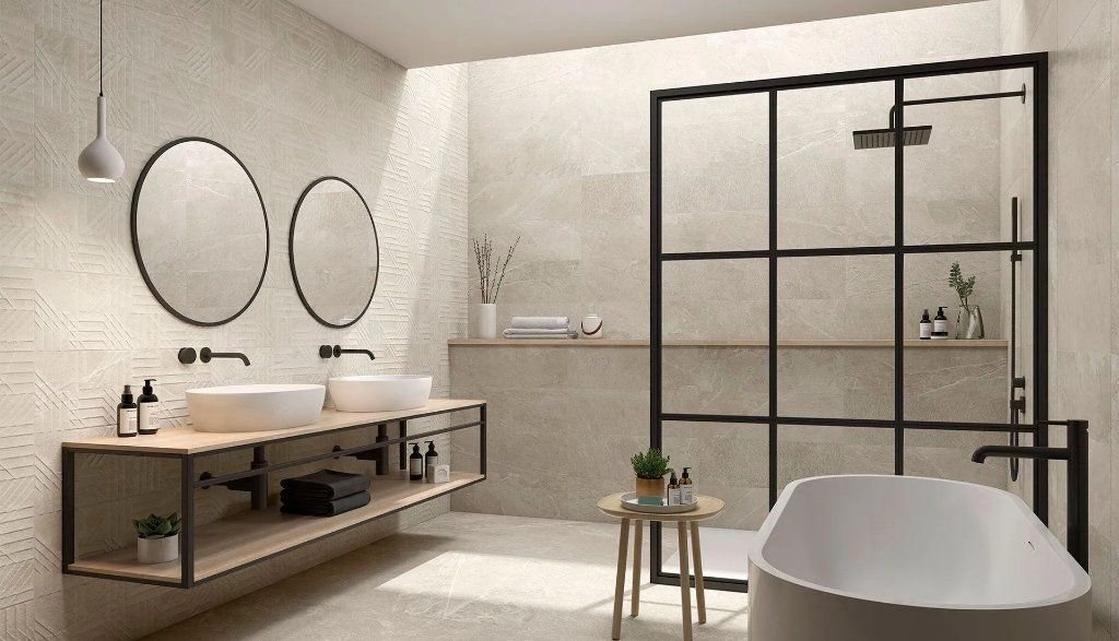 Baño amplio con dos lavabos, mamparas y rociador de techo